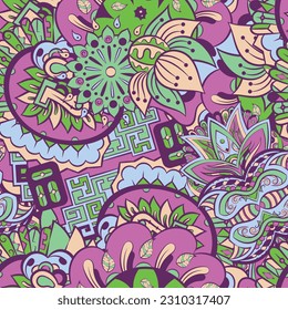 Tracery seamless pattern. Mehndi design. 6 colors. Ethnic doodle texture. Curved doodling background. Vector