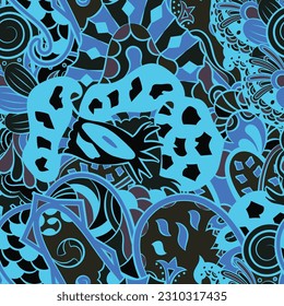 Tracery seamless pattern. Mehndi design. Dark sharp colors. 6 colors. Ethnic doodle texture. Curved doodling background. Vector
