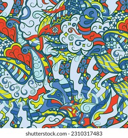 Tracery seamless pattern. Mehndi design. 7 colors. Ethnic doodle texture. Curved doodling background. Vector