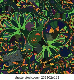 Tracery seamless pattern. Mehndi design. Dark sharp colors. Ethnic doodle texture. Curved doodling background. Vector - Shutterstock ID 2311026163
