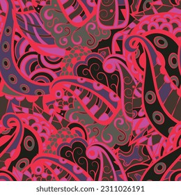 Tracery seamless pattern. Mehndi design. Dark sharp colors. 6 colors. Ethnic doodle texture. Curved doodling background. Vector - Shutterstock ID 2311026191