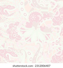 Tracery seamless pattern. Mehndi design. Pastel. 6 colors. Ethnic doodle texture. Curved doodling background. Vector