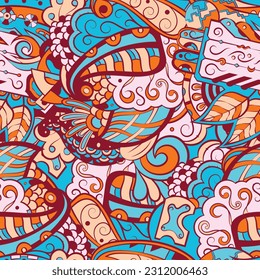 Tracery seamless pattern. Mehndi design. 6 colors. Ethnic doodle texture. Curved doodling background. Vector