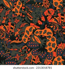 Tracery seamless pattern. Mehndi design. Dark sharp colors. 7 colors. Ethnic doodle texture. Curved doodling background. Vector