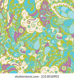 Tracery seamless pattern. Mehndi design. 6 colors. Ethnic doodle texture. Curved doodling background. Vector