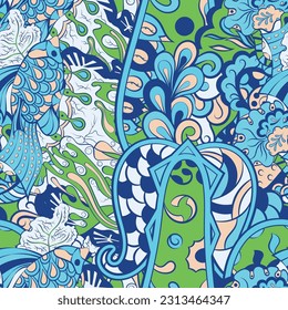 Tracery seamless pattern. Mehndi design. 6 colors. Ethnic doodle texture. Curved doodling background. Vector