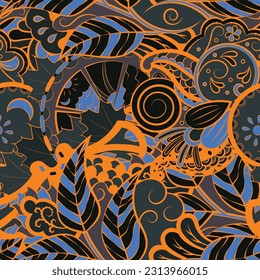 Tracery seamless pattern. Mehndi design. Dark sharp colors. 6 colors. Ethnic doodle texture. Curved doodling background. Vector