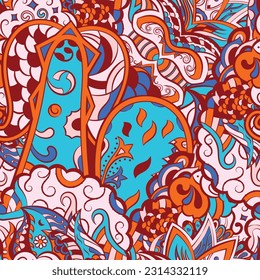 Tracery seamless pattern. Mehndi design. 6 colors. Ethnic doodle texture. Curved doodling background. Vector