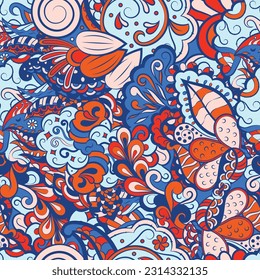 Tracery seamless pattern. Mehndi design. 6 colors. Ethnic doodle texture. Curved doodling background. Vector