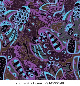 Tracery seamless pattern. Mehndi design. Dark sharp colors. 6 colors. Ethnic doodle texture. Curved doodling background. Vector