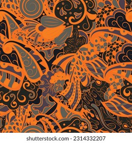 Tracery seamless pattern. Mehndi design. Dark sharp colors. 6 colors. Ethnic doodle texture. Curved doodling background. Vector