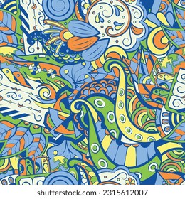 Motif harmonieux de trace. Design Mehndi. 6 couleurs. Texture ethnique de doodle. Arrière-plan gribouillage courbe. Image vectorielle