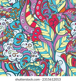 Tracery seamless pattern. Mehndi design. 7 colors. Ethnic doodle texture. Curved doodling background. Vector