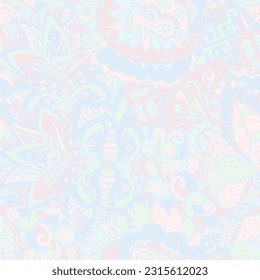 Tracery seamless pattern. Mehndi design. Pastel. 7 colors. Ethnic doodle texture. Curved doodling background. Vector