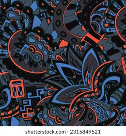 Tracery seamless pattern. Mehndi design. Dark sharp colors. 7 colors. Ethnic doodle texture. Curved doodling background. Vector