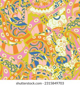 Tracery seamless pattern. Mehndi design. 6 colors. Ethnic doodle texture. Curved doodling background. Vector