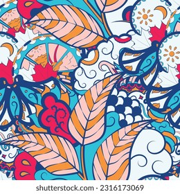 Tracery seamless pattern. Mehndi design. 6 colors. Ethnic doodle texture. Curved doodling background. Vector