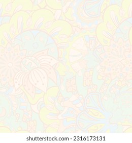 Tracery seamless pattern. Mehndi design. Pastel. 7 colors. Ethnic doodle texture. Curved doodling background. Vector