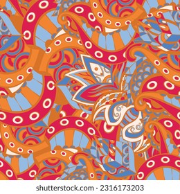 Tracery seamless pattern. Mehndi design. 6 colors. Ethnic doodle texture. Curved doodling background. Vector