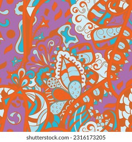 Tracery seamless pattern. Mehndi design. 6 colors. Ethnic doodle texture. Curved doodling background. Vector