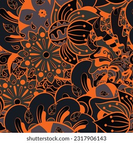 Tracery seamless pattern. Mehndi design. Dark sharp colors. 6 colors. Ethnic doodle texture. Curved doodling background. Vector