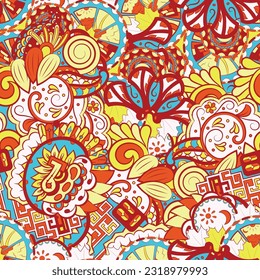 Tracery seamless pattern. Mehndi design. 6 colors. Ethnic doodle texture. Curved doodling background. Vector