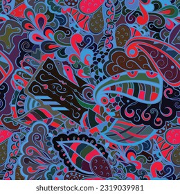 Tracery seamless pattern. Mehndi design. Dark sharp colors. Ethnic doodle texture. Curved doodling background. Vector