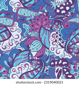 Tracery seamless pattern. Mehndi design. 6 colors. Ethnic doodle texture. Curved doodling background. Vector