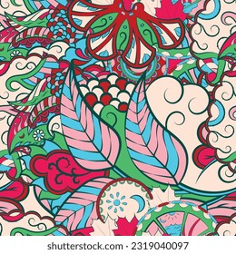 Tracery seamless pattern. Mehndi design. 7 colors. Ethnic doodle texture. Curved doodling background. Vector