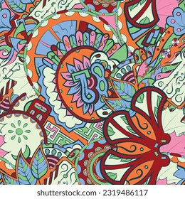 Tracery seamless pattern. Mehndi design. 7 colors. Ethnic doodle texture. Curved doodling background. Vector