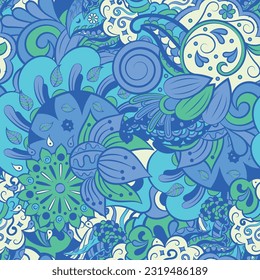 Tracery seamless pattern. Mehndi design. 6 colors. Ethnic doodle texture. Curved doodling background. Vector