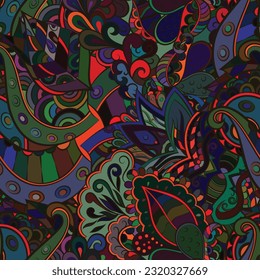 Tracery seamless pattern. Mehndi design. Dark sharp colors. Ethnic doodle texture. Curved doodling background. Vector
