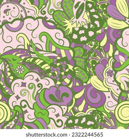 Tracery seamless pattern. Mehndi design. 6 colors. Ethnic doodle texture. Curved doodling background. Vector