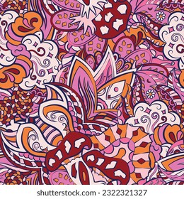 Tracery seamless pattern. Mehndi design. 7 colors. Ethnic doodle texture. Curved doodling background. Vector