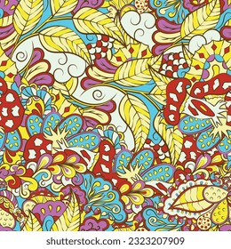 Tracery seamless pattern. Mehndi design. 7 colors. Ethnic doodle texture. Curved doodling background. Vector