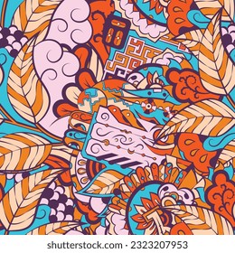 Tracery seamless pattern. Mehndi design. 6 colors. Ethnic doodle texture. Curved doodling background. Vector