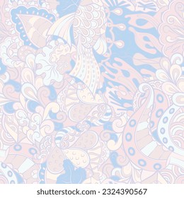 Tracery seamless pattern. Mehndi design. Pastel. 7 colors. Ethnic doodle texture. Curved doodling background. Vector