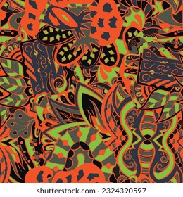 Tracery seamless pattern. Mehndi design. Dark sharp colors. 6 colors. Ethnic doodle texture. Curved doodling background. Vector