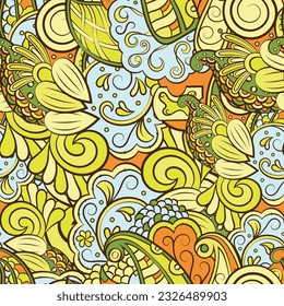 Tracery seamless pattern. Mehndi design. 7 colors. Ethnic doodle texture. Curved doodling background. Vector