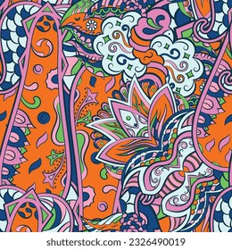 Tracery seamless pattern. Mehndi design. 7 colors. Ethnic doodle texture. Curved doodling background. Vector