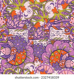 Tracery seamless pattern. Mehndi design. 7 colors. Ethnic doodle texture. Curved doodling background. Vector