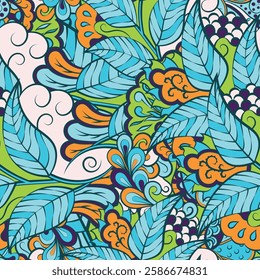 Tracery seamless pattern. Mehndi design. 7 colors. Ethnic doodle texture. Curved doodling background. Vector