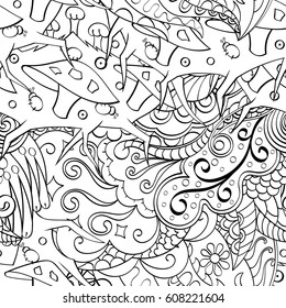 Tracery seamless pattern. Mehndi design. Ethnic monochrome binary doodle texture. Curved doodling black and white background. Vector