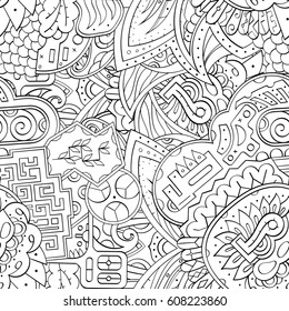 Tracery seamless pattern. Mehndi design. Ethnic monochrome binary doodle texture. Curved doodling black and white background. Vector