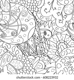 Tracery seamless pattern. Mehndi design. Ethnic monochrome binary doodle texture. Curved doodling black and white background. Vector