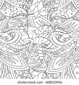 Tracery seamless pattern. Mehndi design. Ethnic monochrome binary doodle texture. Curved doodling black and white background. Vector