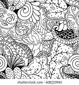 Tracery seamless pattern. Mehndi design. Ethnic monochrome binary doodle texture. Curved doodling black and white background. Vector