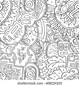 Tracery seamless pattern. Mehndi design. Ethnic monochrome binary doodle texture. Curved doodling black and white background. Vector