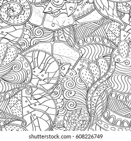 Tracery seamless pattern. Mehndi design. Ethnic monochrome binary doodle texture. Curved doodling black and white background. Vector