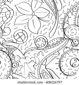 Tracery seamless pattern. Mehndi design. Ethnic monochrome binary doodle texture. Curved doodling black and white background. Vector